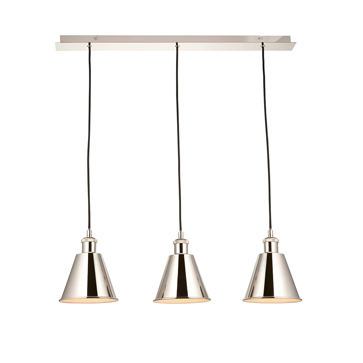 Endon Brackley 3 light linear pendant with nickel conical shades and black flex on a linear ceiling bar, shown on a plain white background.