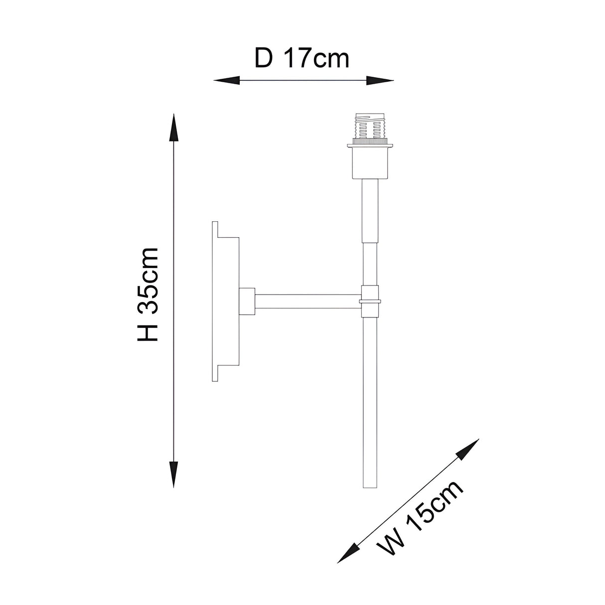 Technical line drawing of the brass Chartwell Wall Light, showing a single-arm bracket with E14 candle holder, 35cm height, 15cm width, 17cm projection.