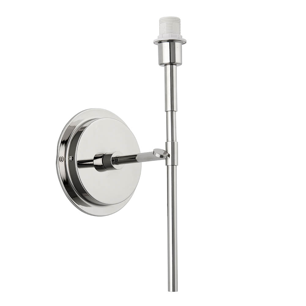 Endon Chartwell wall light in nickel, a slim upright bracket with candle-style E14 lamp holder and round wall plate, shown without shade on a white background.