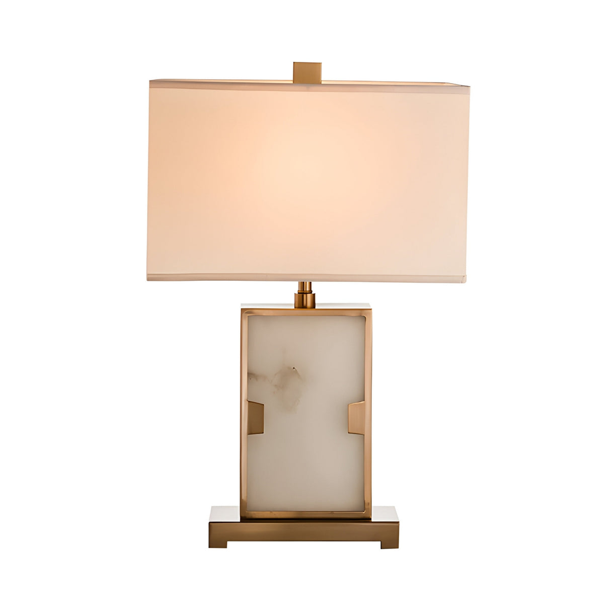 The Marcellin 1 Light Alabaster Table Lamp in Brass & Soft White features a modern design with a rectangular white shade, gold base, marble-like center, and emits a warm, soft light.