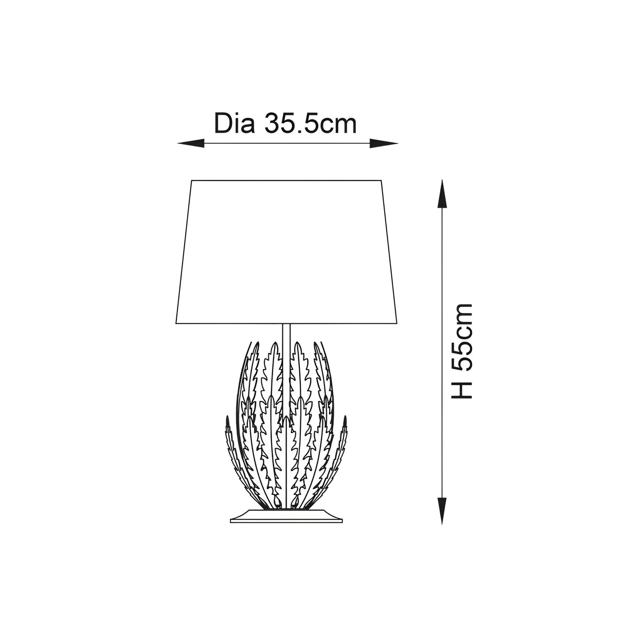 Dimension diagram of the Endon Colette table lamp showing 55cm height and 35.5cm shade diameter with layered silver leaf base and tapered shade.