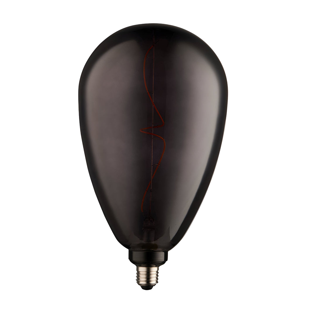 4W E27 LED filament Wisp bulb in smoke glass, teardrop shape with visible curved red filament, E27 metal base, shown on a plain white background.