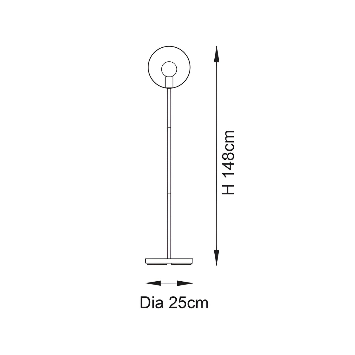 Line drawing of the Brenmere floor lamp showing an open hoop head with central bulb, slim stem and round base, height 148cm, base diameter 25cm.