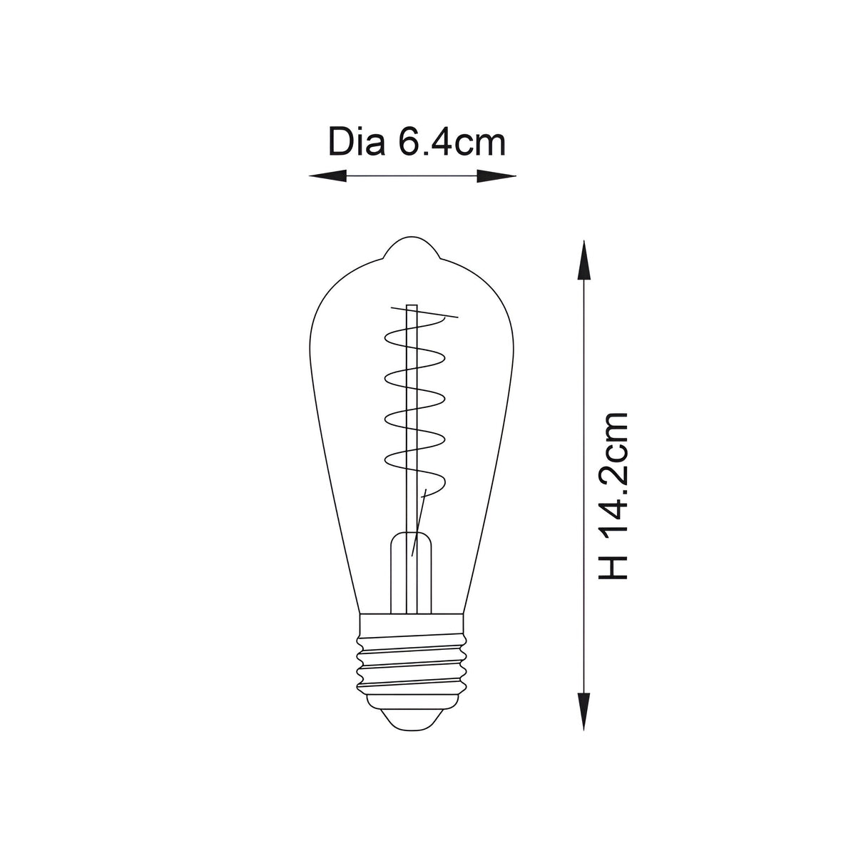 Dimensioned line drawing of the Endon 4W E27 LED filament twist bulb showing 6.4cm diameter and 14.2cm height on a white background.