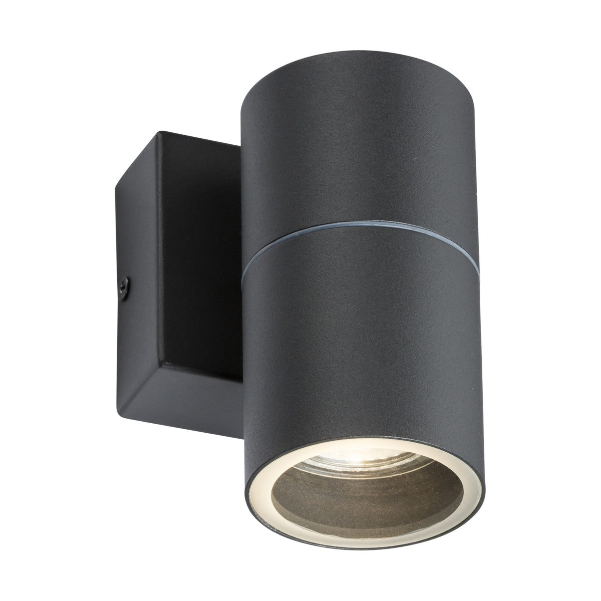 The Outdoor Single Wall Light - Anthracite features a modern cylindrical design in black, crafted from stainless steel with a downlight configuration and mounted on a square base. This minimalist wall sconce offers a sleek aesthetic suitable for both indoor and outdoor use.