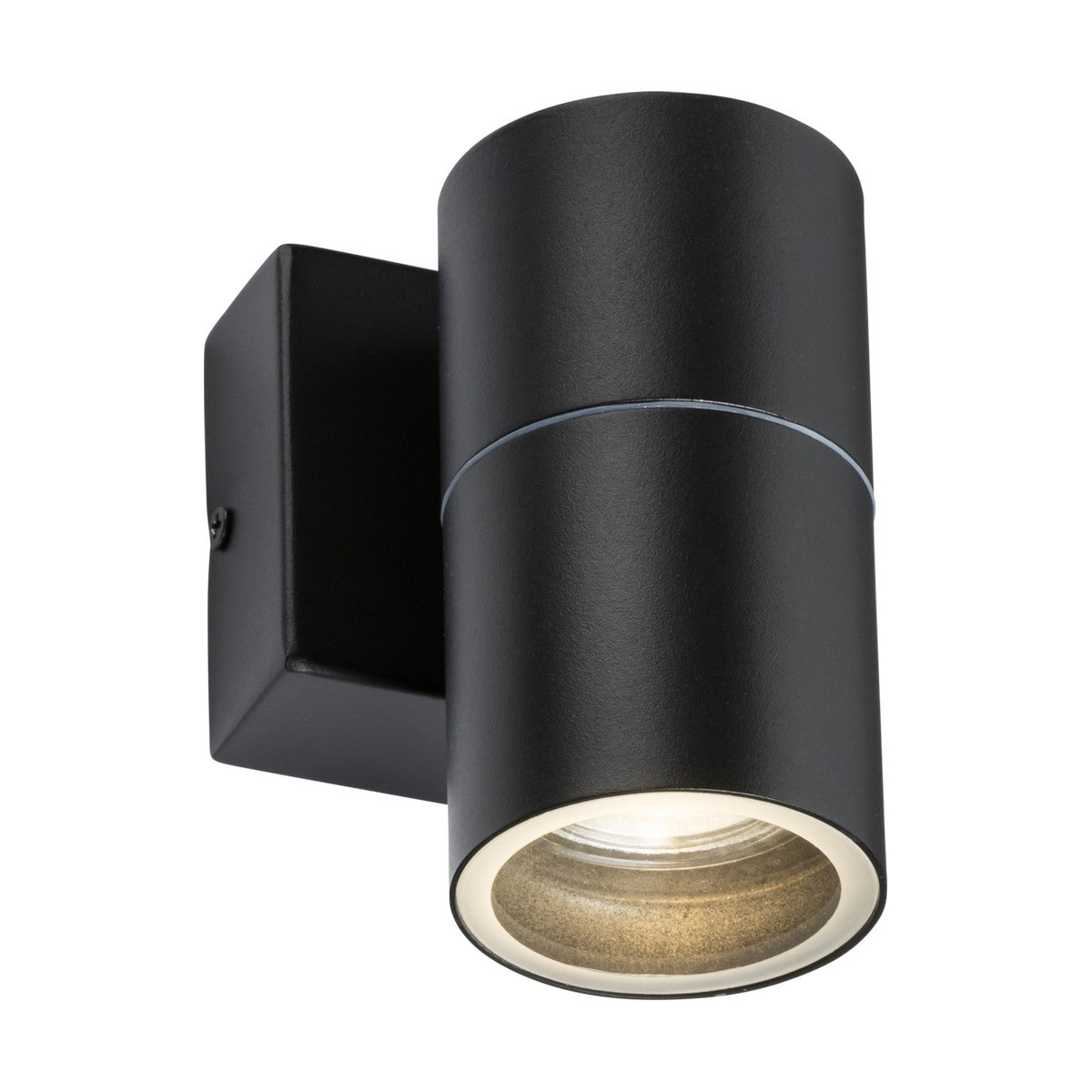 Introducing the Outdoor Single Wall Light - Black, a sleek matte black wall light featuring a modern cylindrical design mounted on a square base. It emits a soft, focused downward beam, making it perfect for both outdoor and indoor environments.