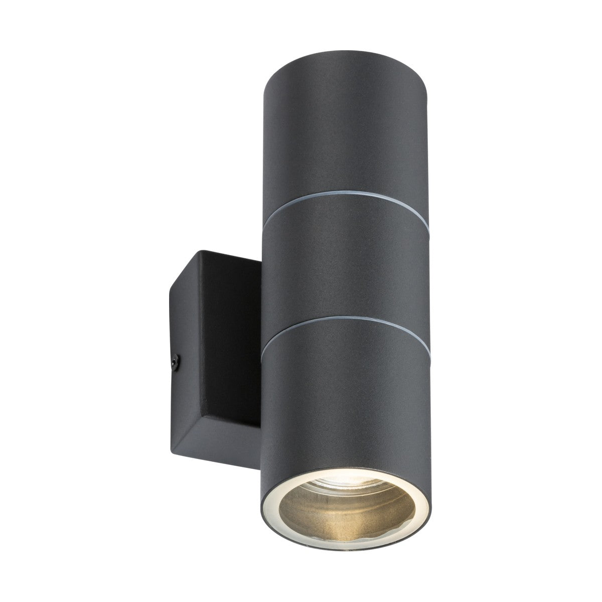 Introducing the Outdoor Up & Down Wall Light in Anthracite: a contemporary cylindrical fixture perfect for outdoor spaces, featuring a sleek design. With its matte anthracite finish and durable stainless steel construction, this stylish wall light directs illumination downward for optimal ambience.