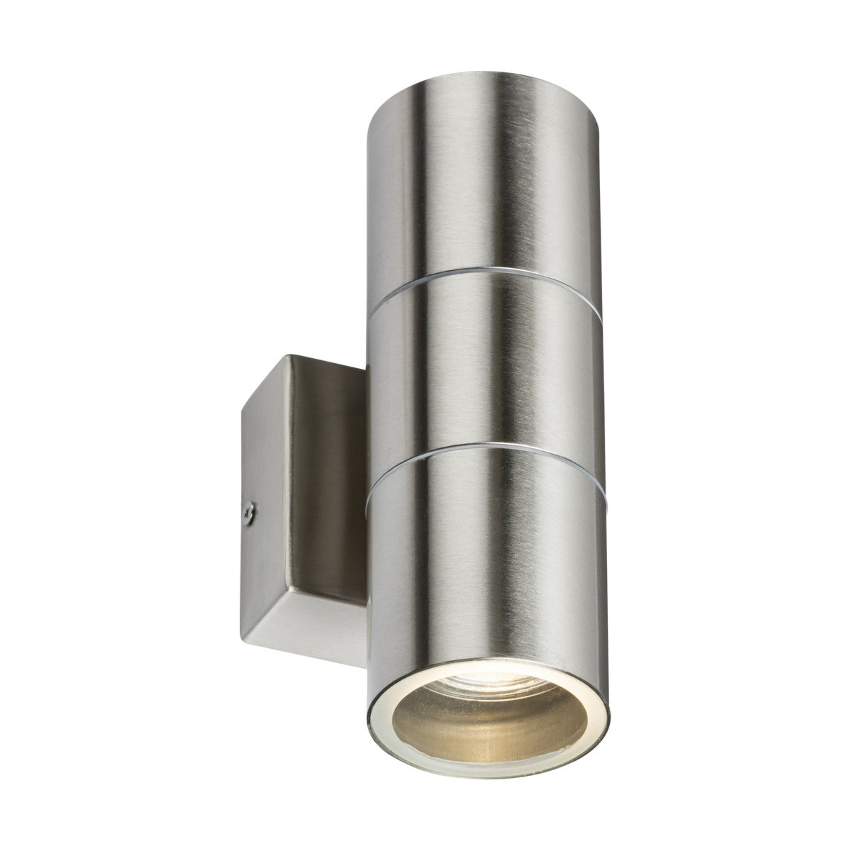 The Outdoor Up & Down Wall Light - Brushed Chrome features a modern, cylindrical design with a brushed chrome finish. It offers sleek, minimalist appeal and provides up-and-down lighting orientation from its square base mount.
