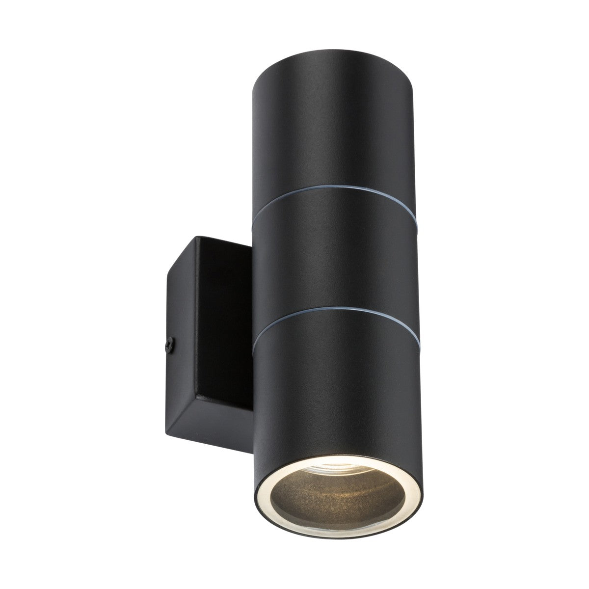 Introducing the Outdoor Up & Down Wall Light - Black: a sleek, cylindrical fixture featuring a minimalist design with a matte black finish. Made from durable stainless steel, it projects light downwards and is mounted on a discreet rectangular backplate.