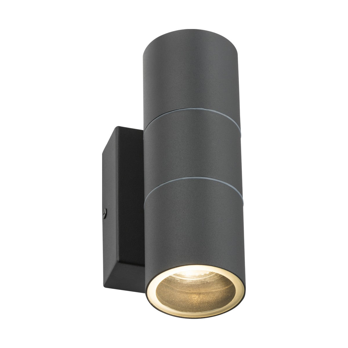 The Outdoor Up & Down Wall Light with Photocell Sensor in anthracite features a sleek, modern black cylindrical design that casts light beams both upwards and downwards. Mounted on a rectangular base, this minimalist fixture is perfect for both indoor and outdoor use.