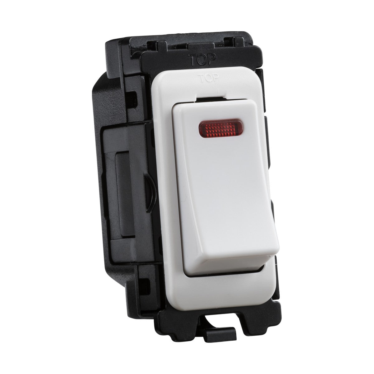 The 20AX DP Switch Neon Module - White features a sleek rocker switch with a red indicator, elegantly housed in a black mounting box. It offers double pole functionality and anti-microbial properties for enhanced safety and hygiene in its slightly off-center position.