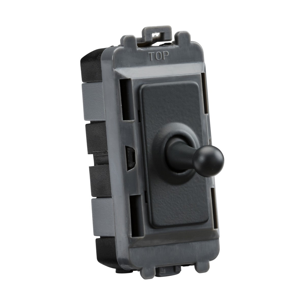 The 20AX Intermediate Grid Toggle Switch in anthracite is a single black switch with a rectangular base and ridged edges, designed for electronic or electrical use within the Knightsbridge Grid system. The word "TOP" is embossed above the switch to indicate correct orientation.