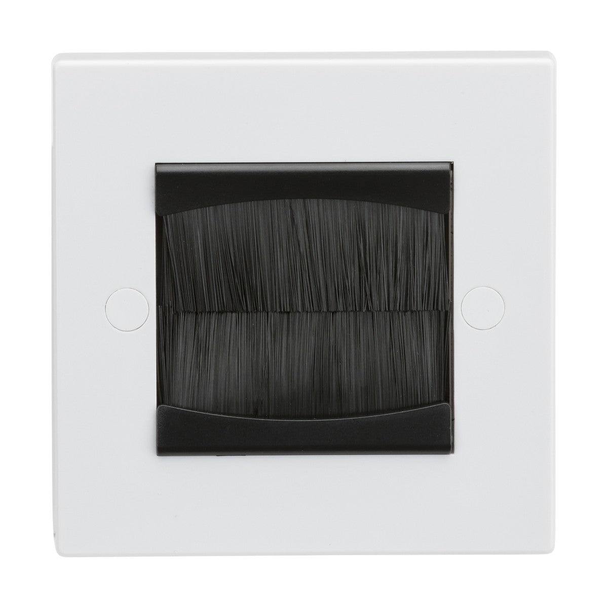 The 1 Gang Brush Faceplate (Assembled) in a white finish, featuring a black brush insert, is ideal for efficient cable management. It allows cables to pass through seamlessly while keeping your space tidy and enhancing the appearance of a floating TV.