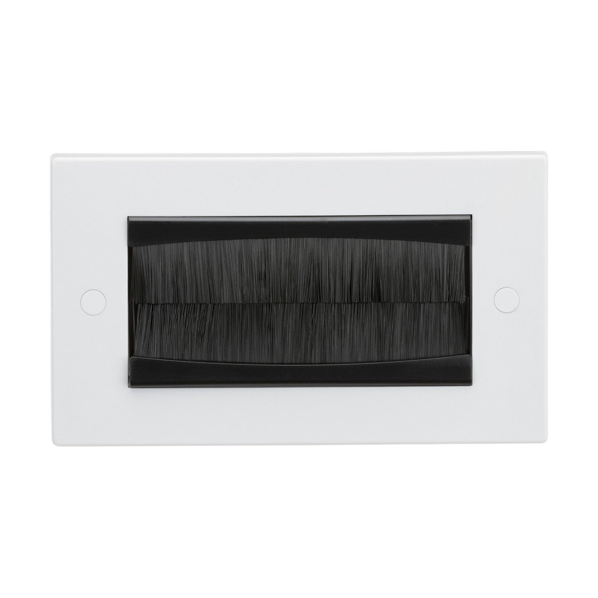 The 2 Gang Brush Faceplate (Assembled) is a rectangular white wall plate featuring a central black opening filled with brush bristles, providing seamless cable management. It's perfect for wall installations behind a floating TV, ensuring that cables pass through cleanly and remain organized.