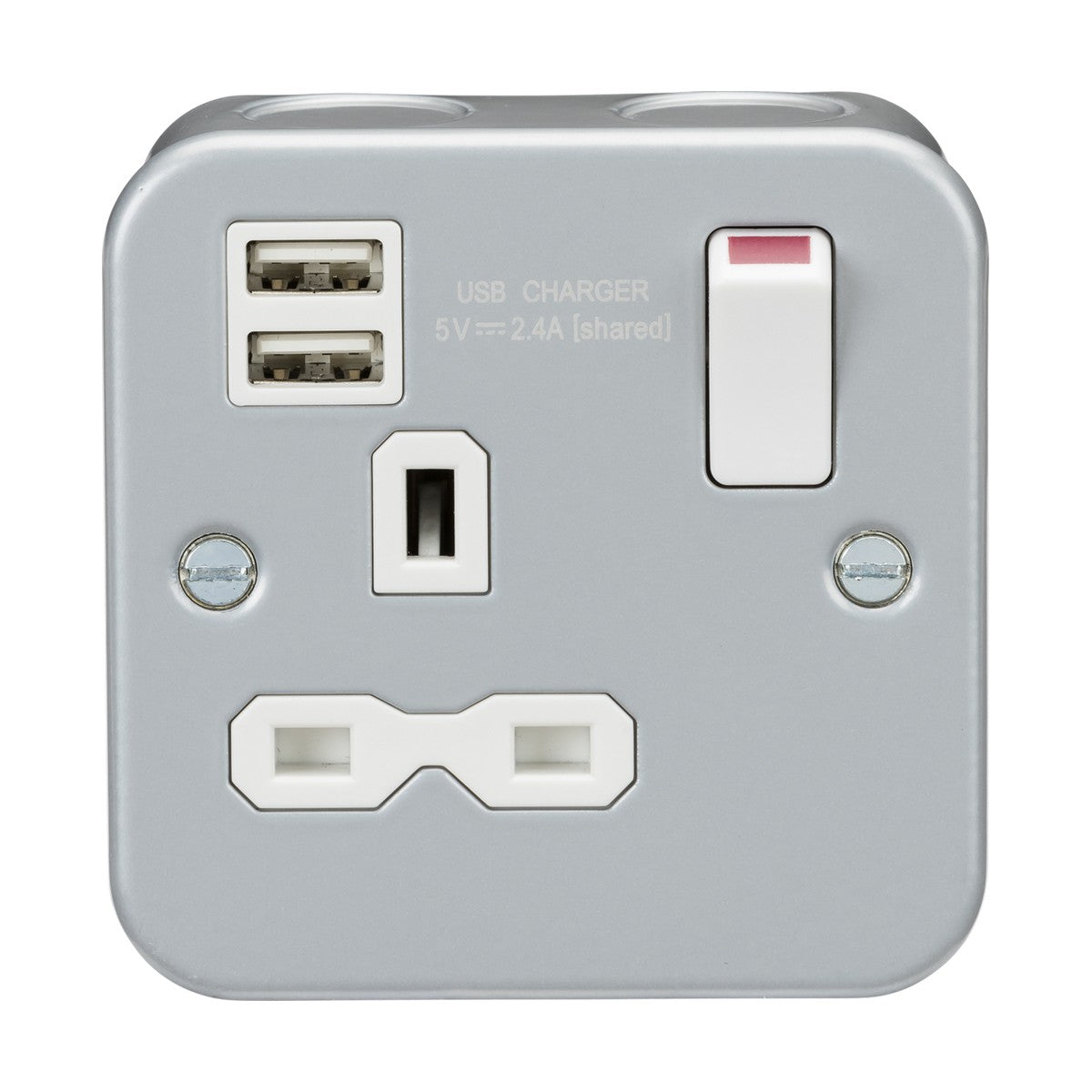 The Metal Clad 13A 1 Gang Switched Socket With Dual USB is a wall-mounted power outlet featuring a heavy-duty metal clad box. It includes three plug sockets and two USB charging ports, certified to BS1363-2:2016, with a white switch that has a red indicator on its metallic gray panel.