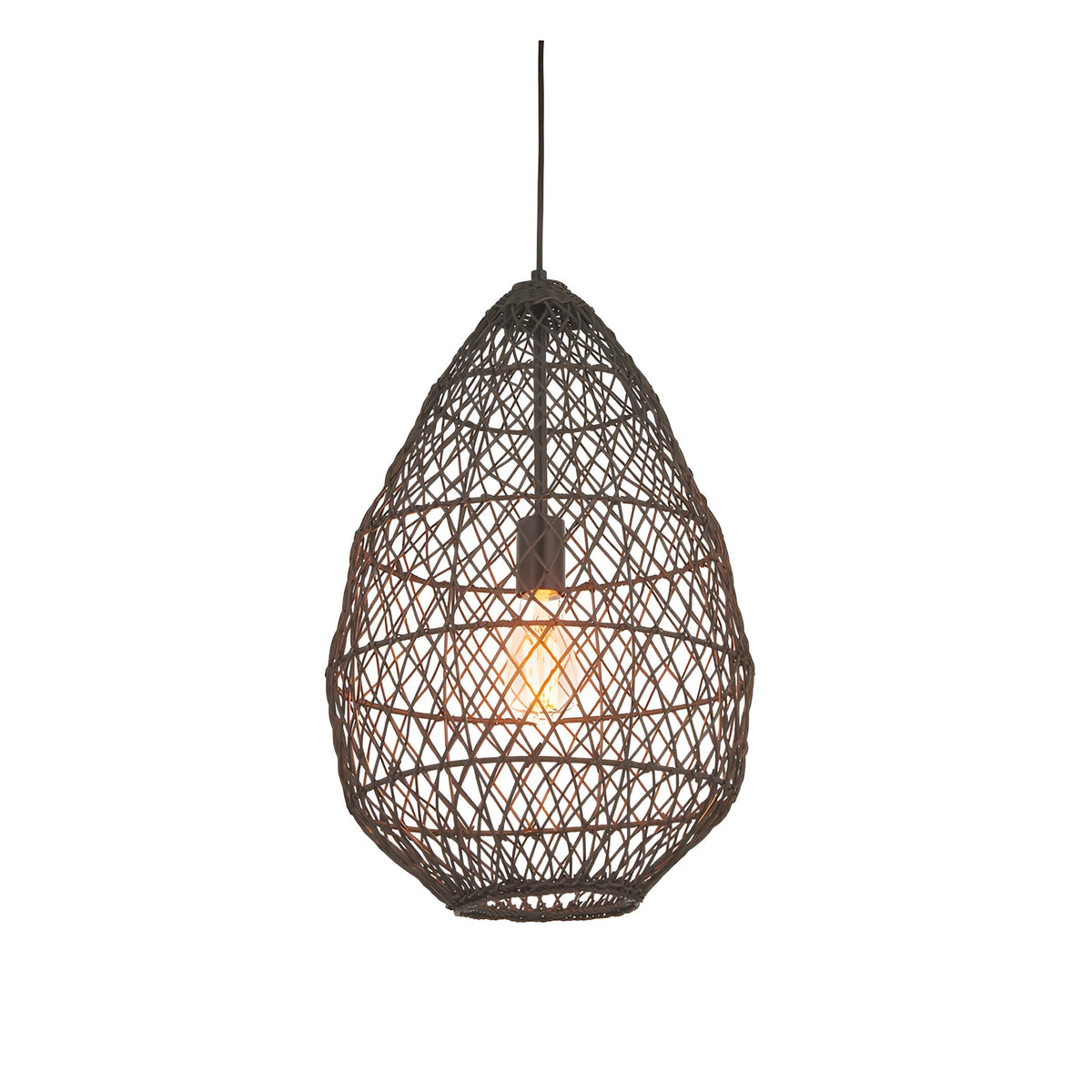 Endon Chartdale pendant light with a large teardrop-shaped open-weave black rattan shade and single E27 bulb, shown on a plain white background.
