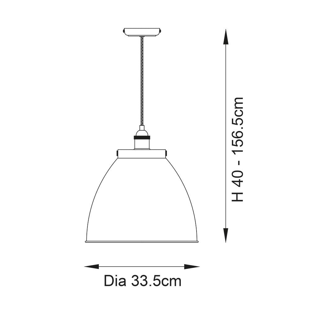 Dimension diagram of Endon Bramdale Medium Pendant showing 33.5cm shade diameter and adjustable height of 40–156.5cm on a plain background.