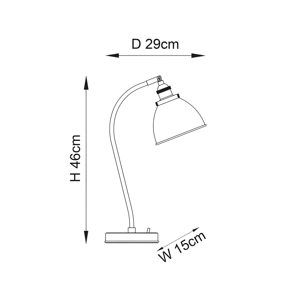 Dimensions diagram of the Endon Bramdale brass table lamp showing height 46cm, depth 29cm, and base width 15cm on a white background.