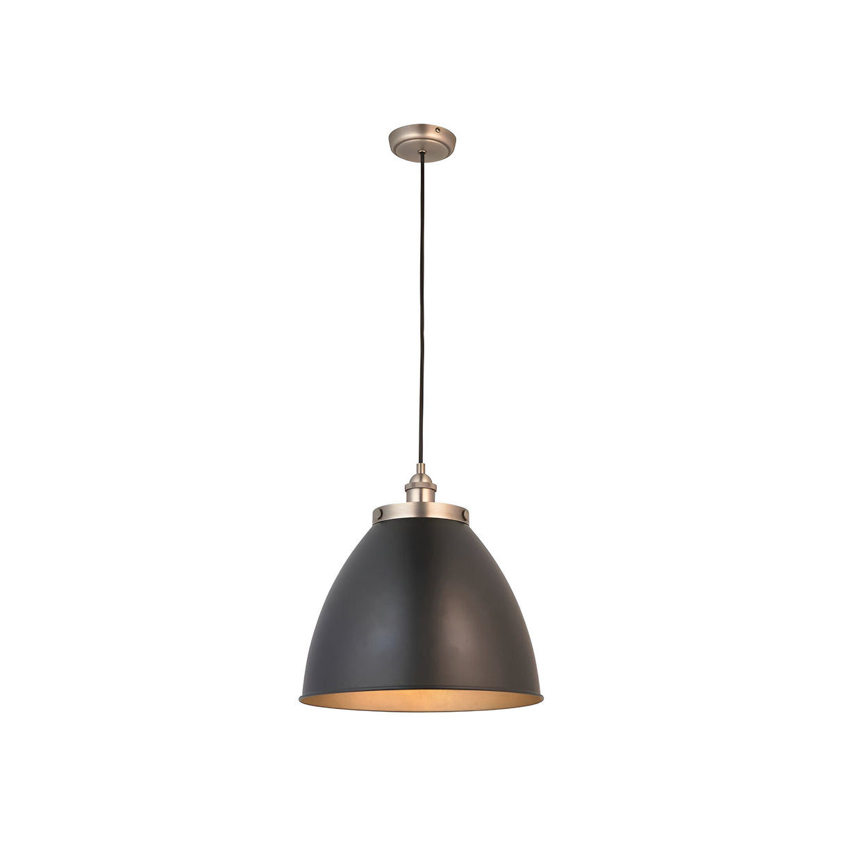 Endon Bramdale medium pendant light with a matt black rolled-edge metal dome shade, aged pewter detailing and inner, on a black flex against a white background.