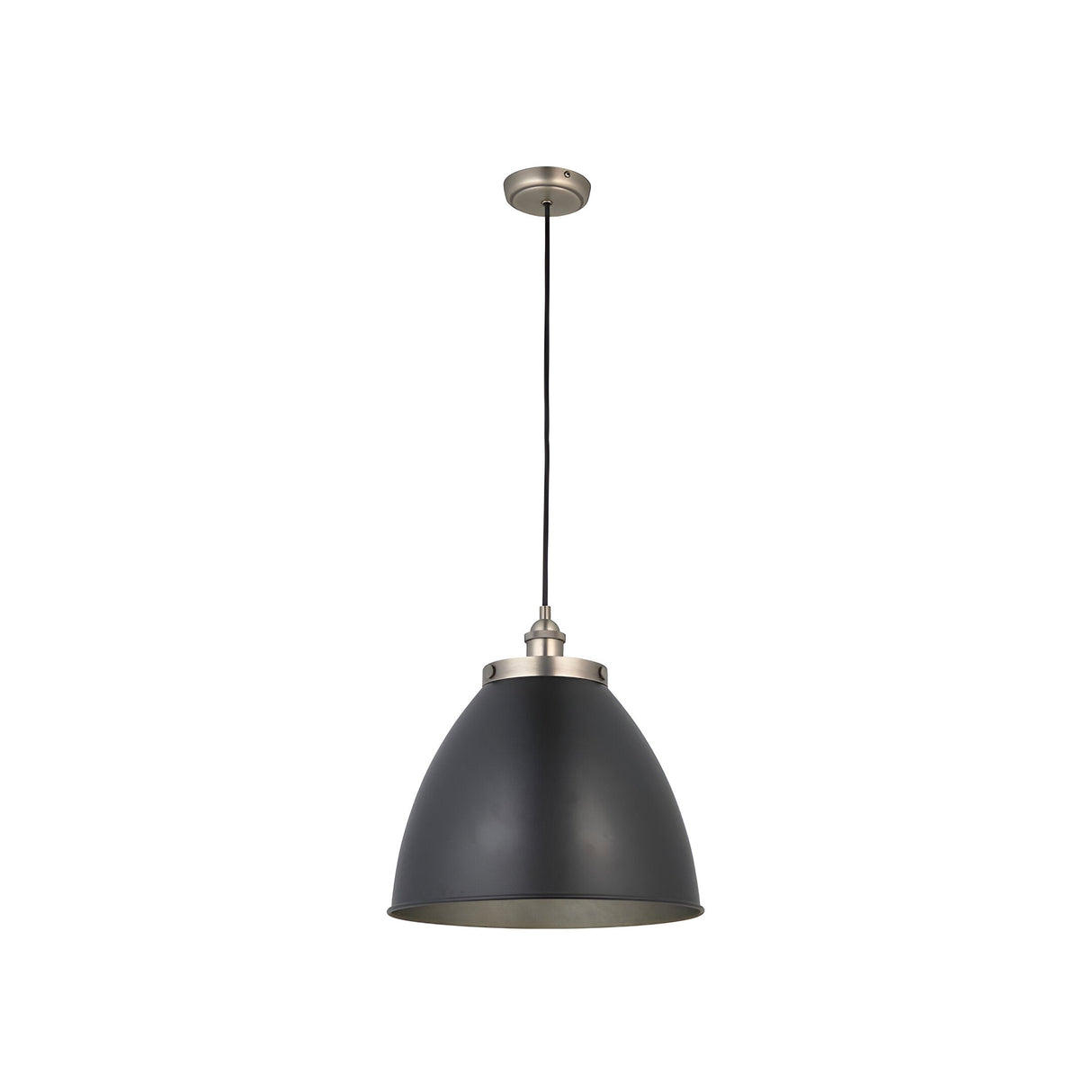Endon Bramdale medium pendant light with rolled-edge matt black metal shade, aged pewter detailing, and black fabric flex on a plain background.