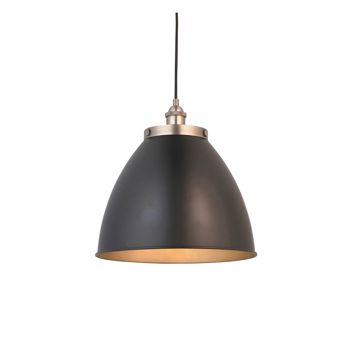 Endon Bramdale medium pendant light with a matt black rolled-edge metal dome shade, aged pewter detailing and inner, on a black flex against a white background.