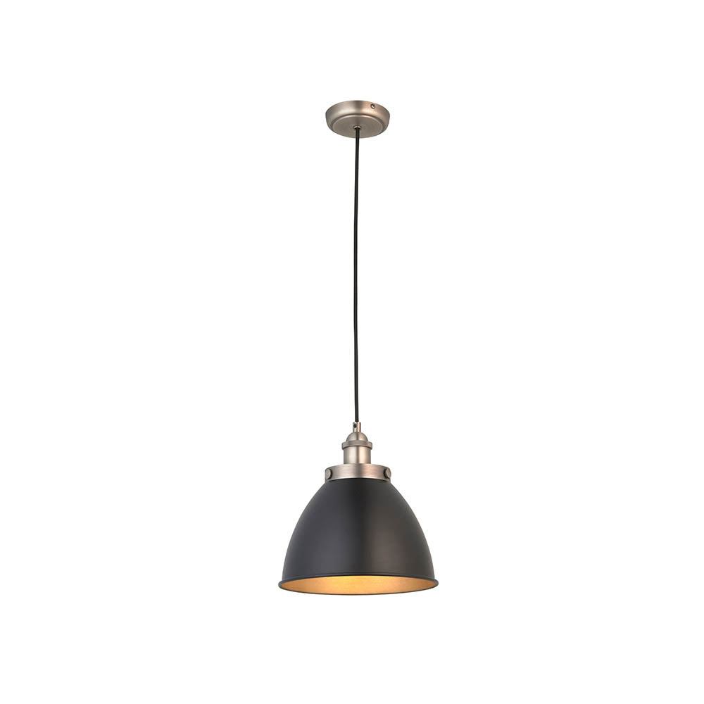 Endon Bramdale small pendant light with a matt black rolled-edge metal shade, aged pewter detailing and inner, on a black flex, shown on white.
