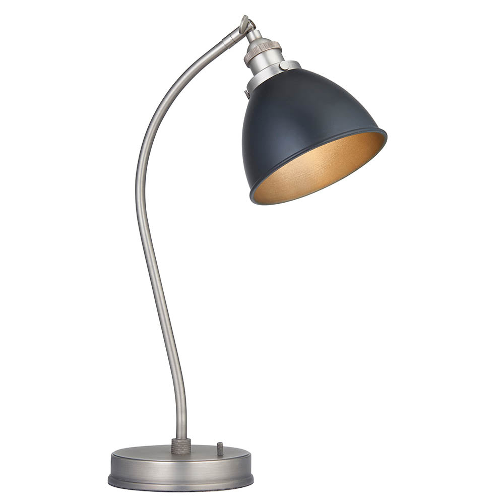 Endon Bramdale table lamp with a curved silver metal stem, adjustable black domed shade, and toggle switch on a round base against a white background.