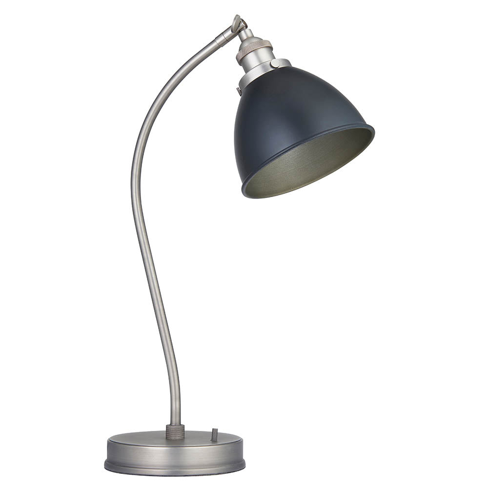 Endon Bramdale table lamp with curved silver metal stem, adjustable matt black domed shade, toggle switch and round base, on a white background.