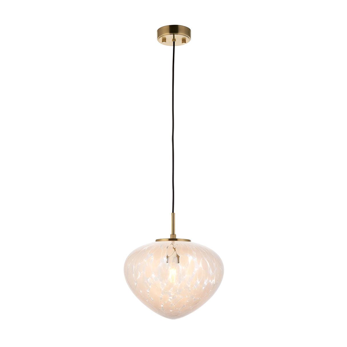 Calloway Pendant in brass and white, single-light fixture with a domed confetti-effect glass shade on a satin brass ceiling rose and cord.