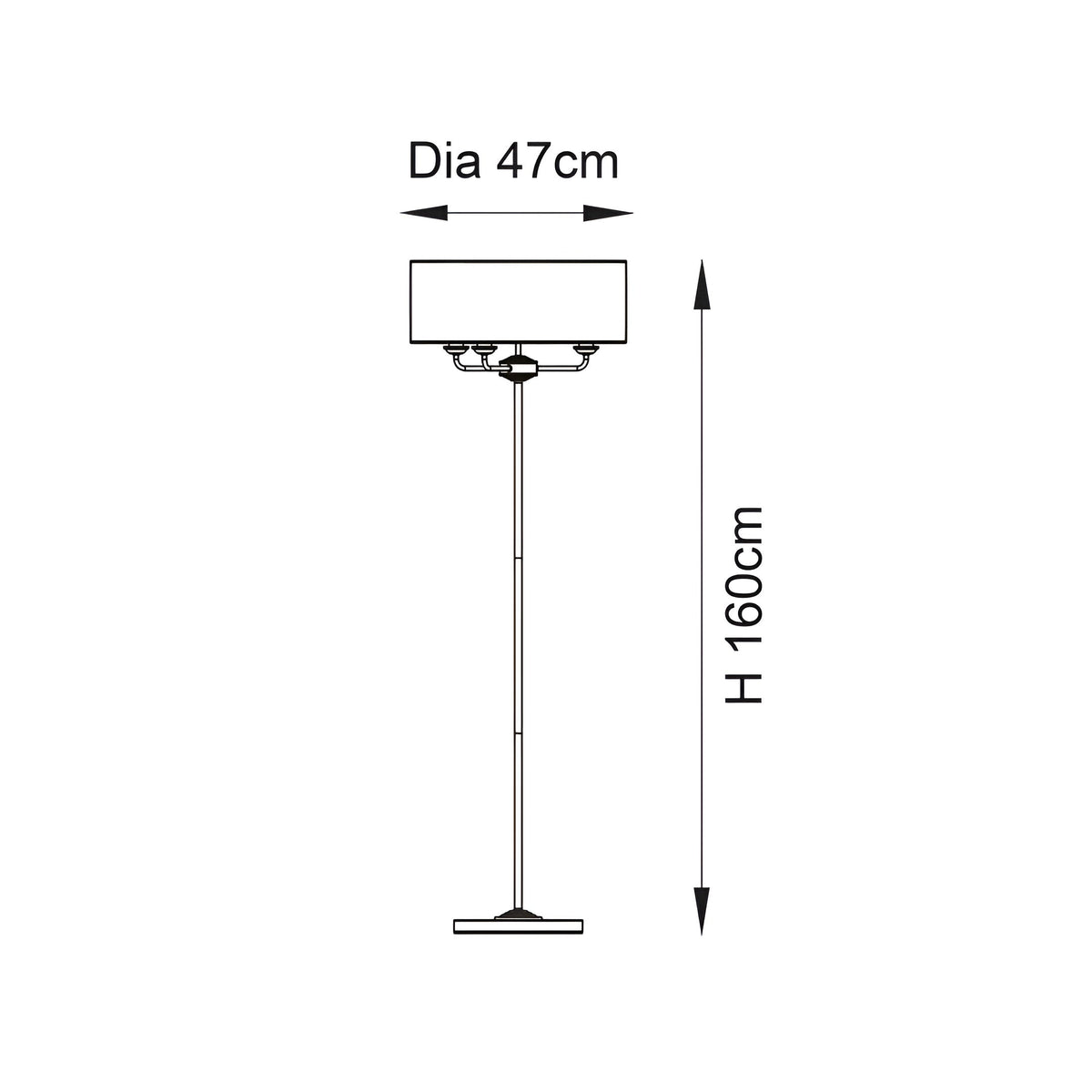 Dimensions diagram of the Endon Brenley 3 light floor lamp showing a 47cm diameter shade and 160cm height on a plain white background.