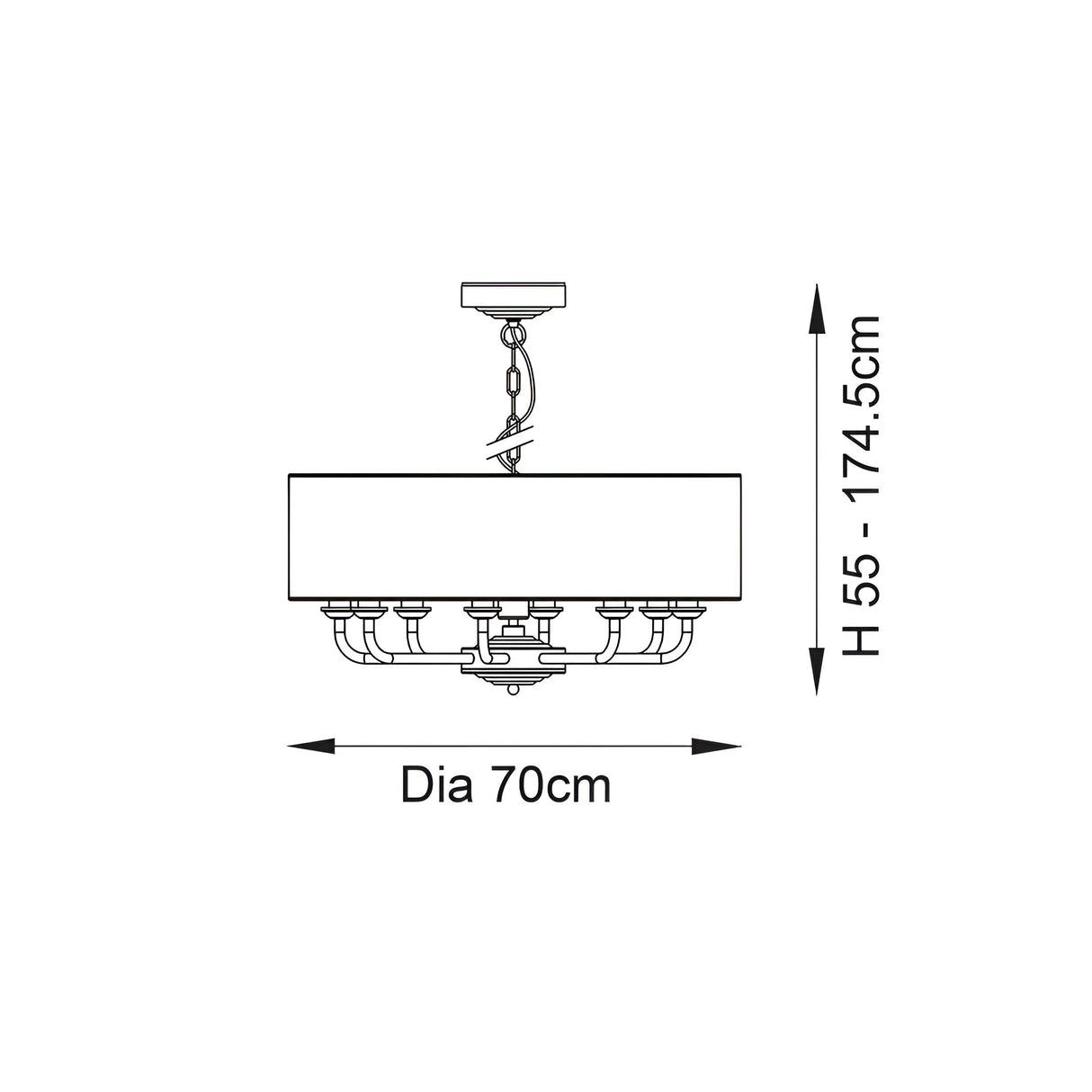 Dimensioned line drawing of the Endon Brenley 8 light pendant showing 70cm diameter and adjustable 55–174.5cm height on a white background.