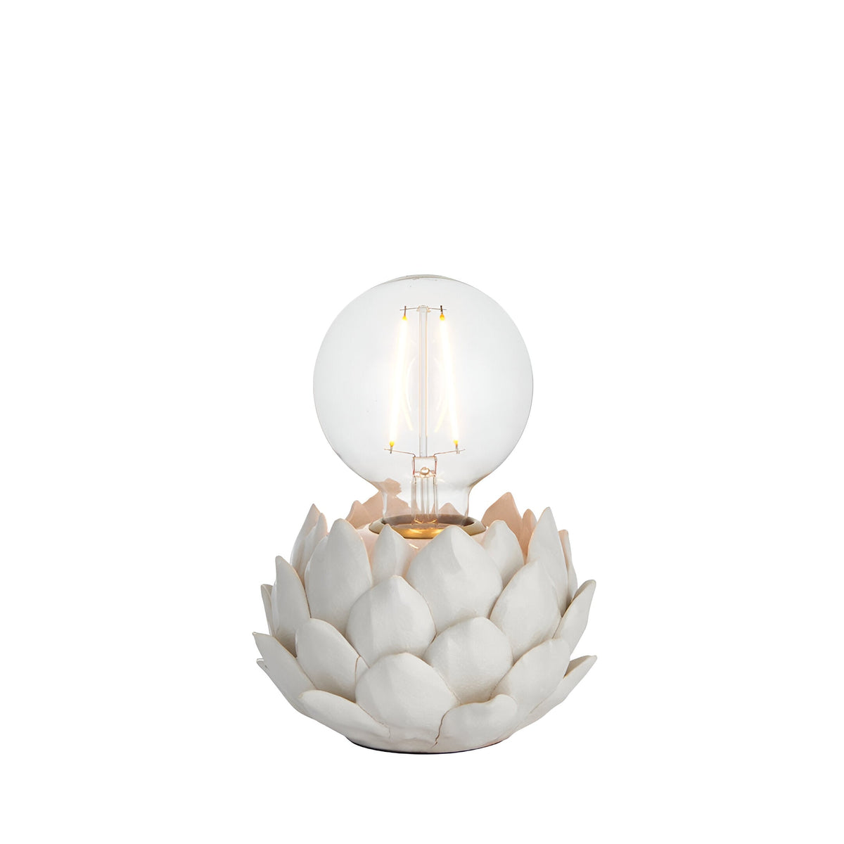 Aldgrove Table Lamp - Antique Brass, a small ceramic artichoke-shaped base with oatmeal crackle glaze, holding an exposed E27 bulb on a plain white background.