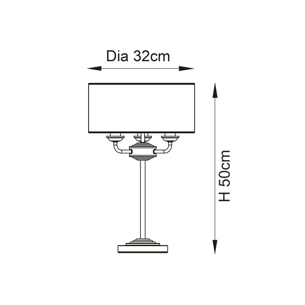 Dimensions diagram of the Endon Brenley 3 Light Table Lamp showing 32cm shade diameter and 50cm height on a white background.