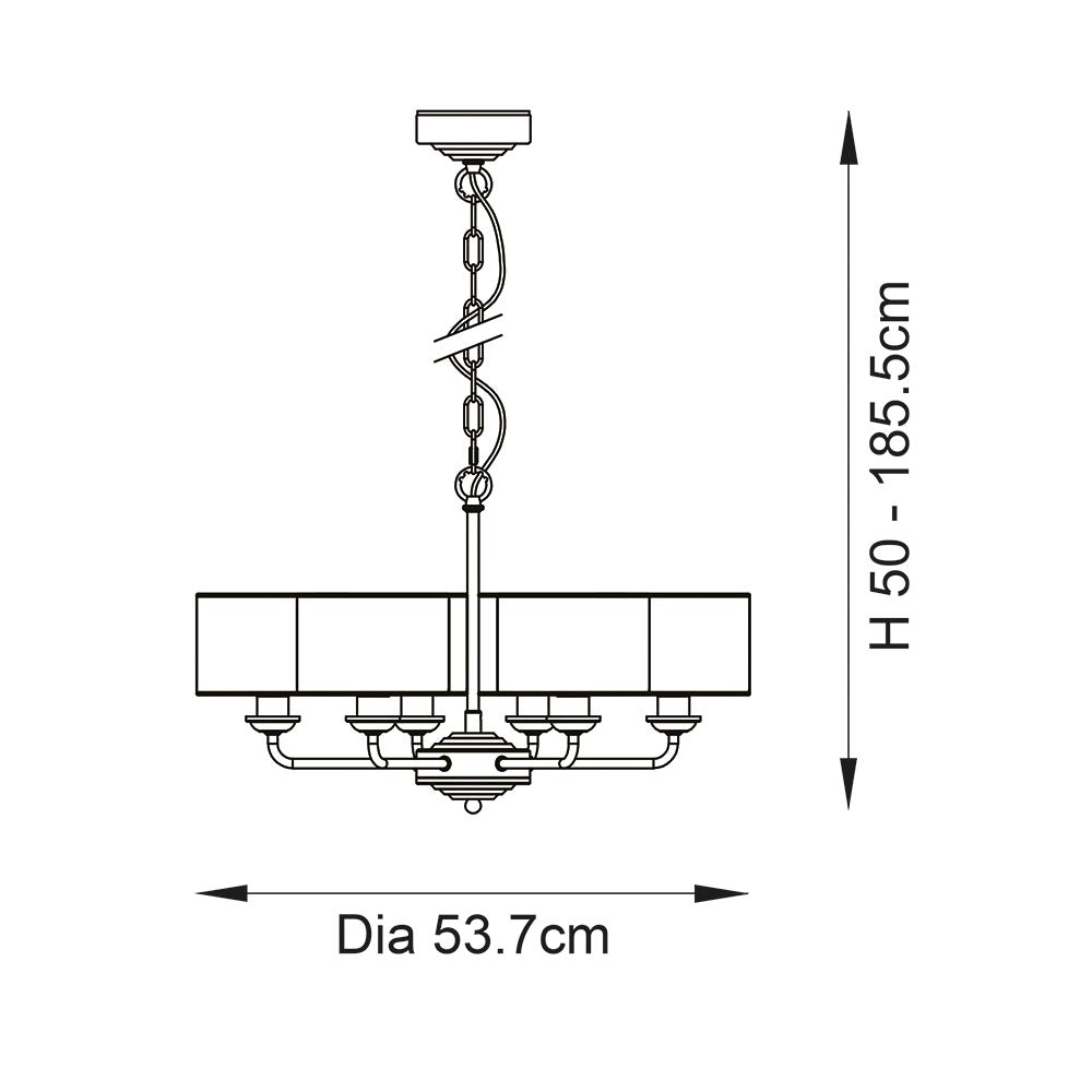 Technical line drawing of the Brenley 6-light pendant with chain suspension, six-arm frame, fabric shades, 50-185.5cm adjustable height, and 53.7cm diameter.