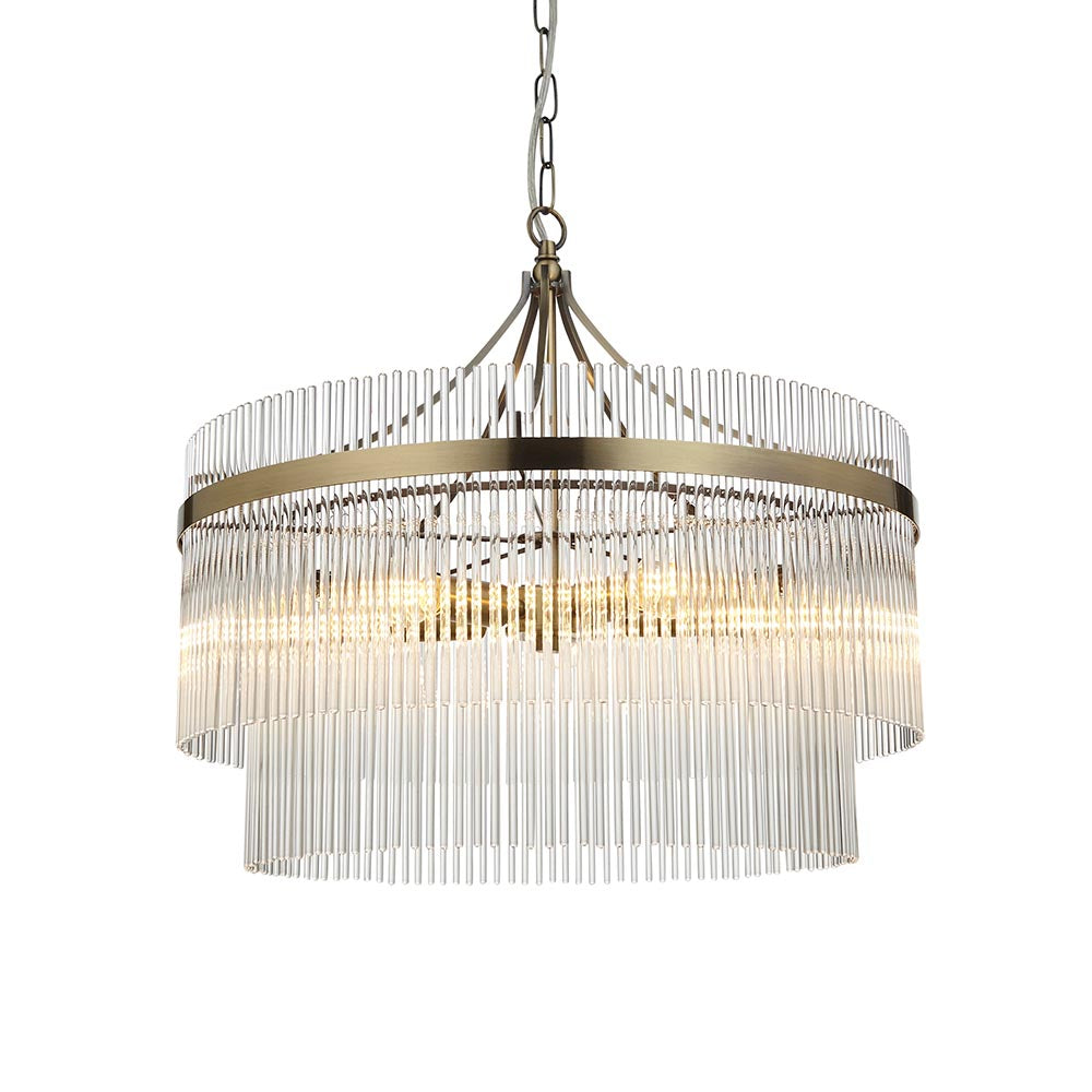 Endon Beaumont 5 Light Pendant in brass with two tiers of clear glass rods around a circular frame, suspended from a chain against a white background.