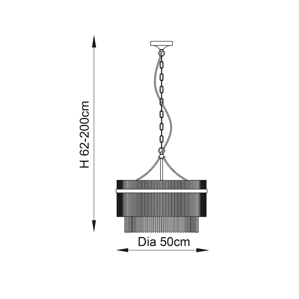 Endon Beaumont 5 light pendant technical drawing showing 50cm diameter and adjustable 62-200cm height on a plain white background.