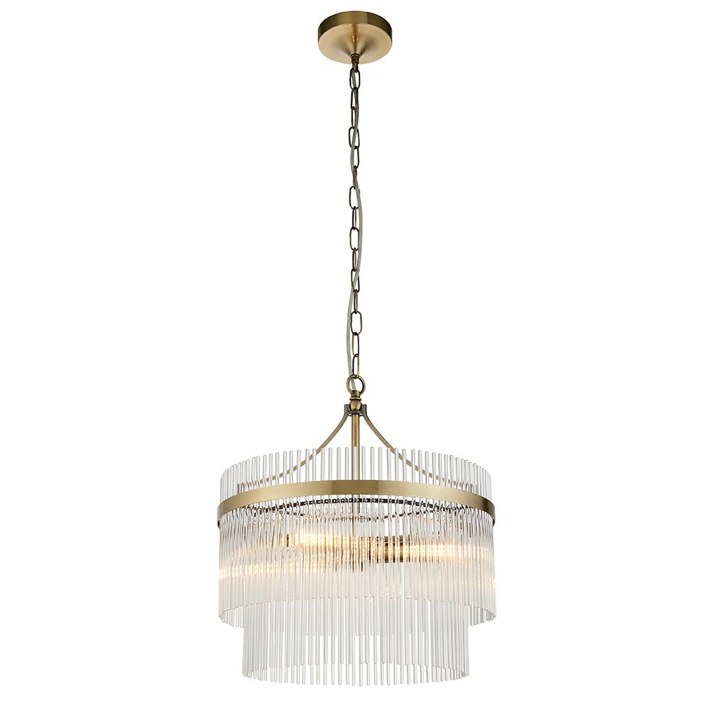 Endon Beaumont 3 Light Pendant in brass with two tiers of clear glass rods, chain suspension, and lit E14 lamps, shown on a white background.