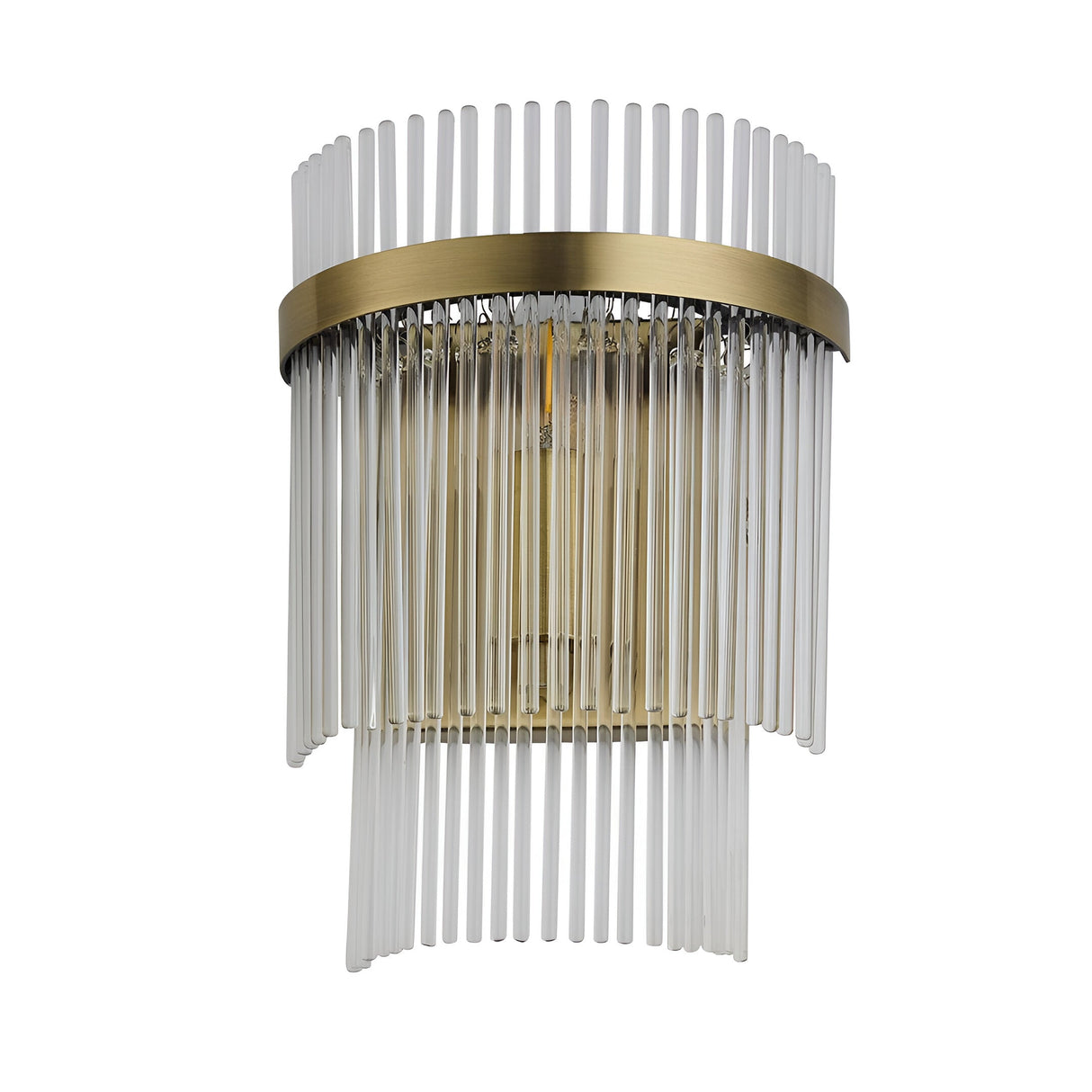 Beaumont Wall Light in brass with clear glass rods arranged in tiers around a brushed brass band, shown on a plain white background.