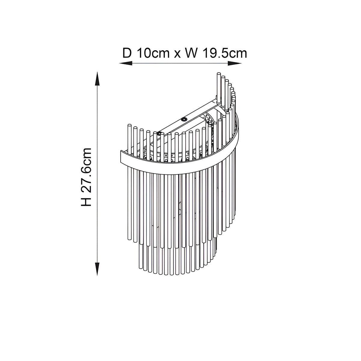 Beaumont Wall Light in brass with a curved half-cylinder frame and vertical glass rods, line drawing, 27.6cm H x 19.5cm W x 10cm D.