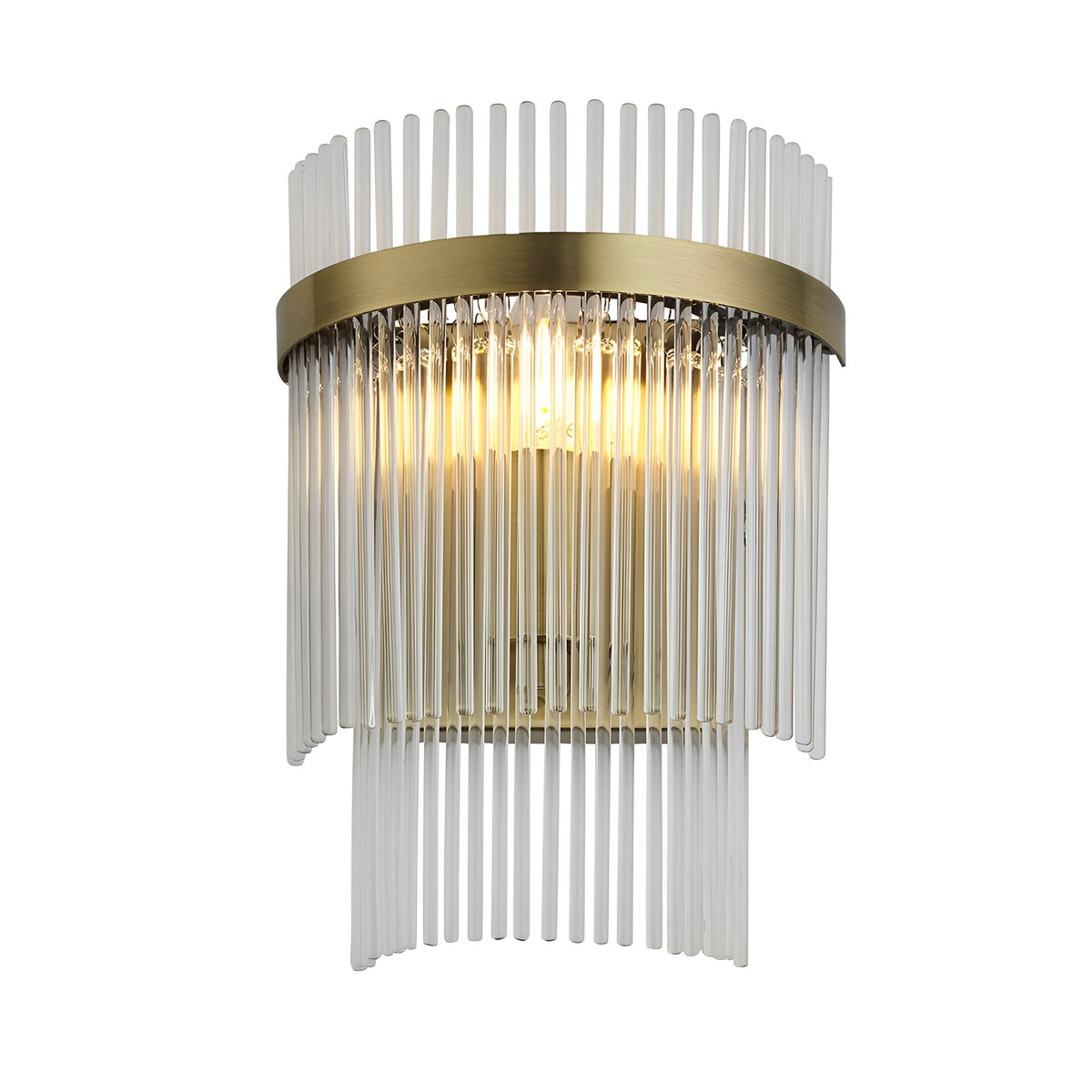 Beaumont Wall Light in brass with clear glass rods forming a tiered fringe around a central bulb, shown lit against a plain white background.