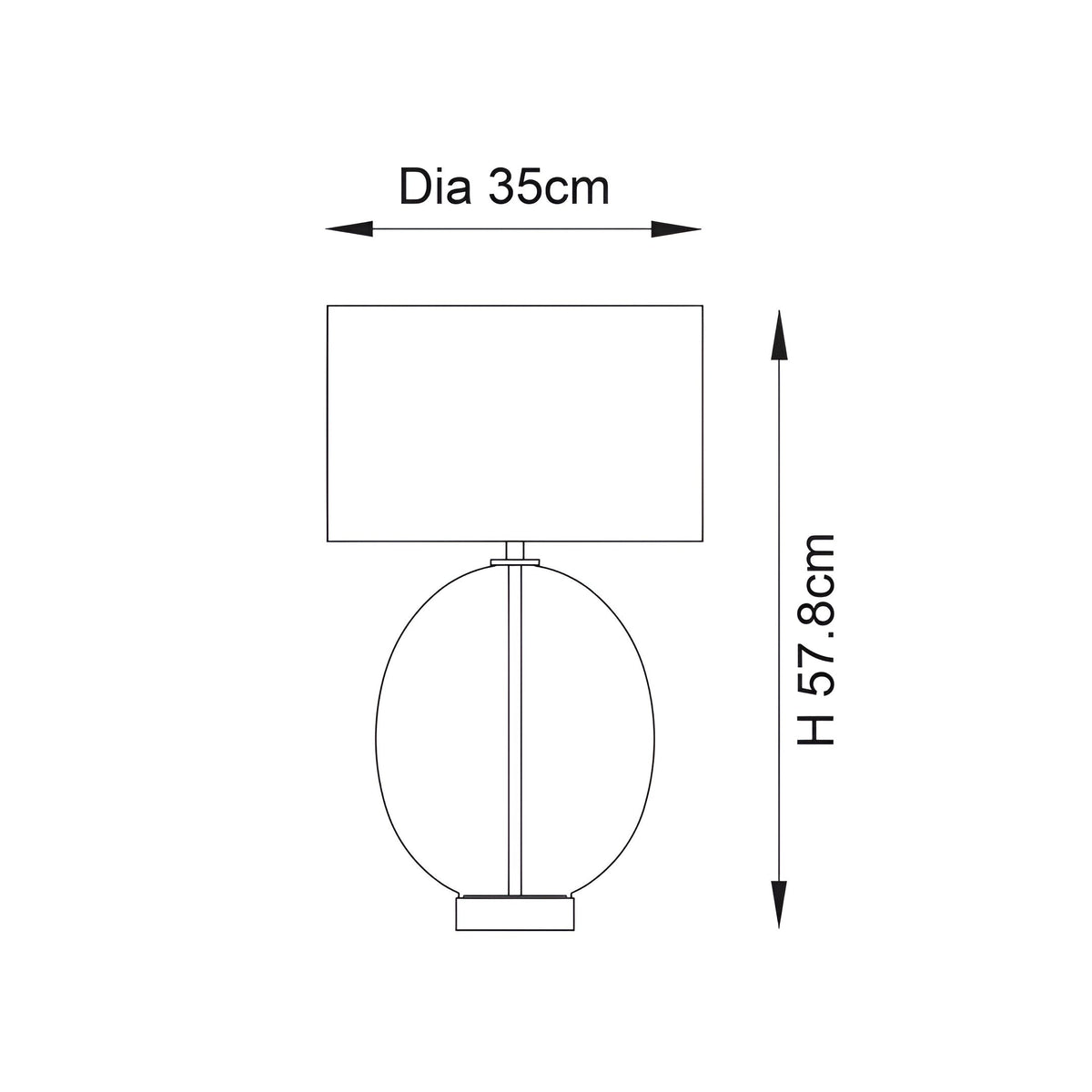 Line drawing of the Brockmere Table Lamp showing an oval glass base with brass stem and rectangular shade, dimensions 35cm diameter and 57.8cm height.