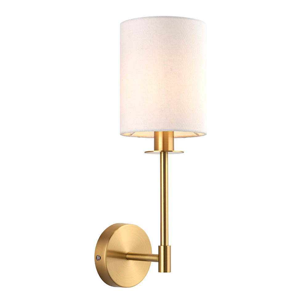 Endon Cliffhurst wall light with a slim satin brass upright and arm, round wall plate, and vintage white cylinder fabric shade, on a white background.