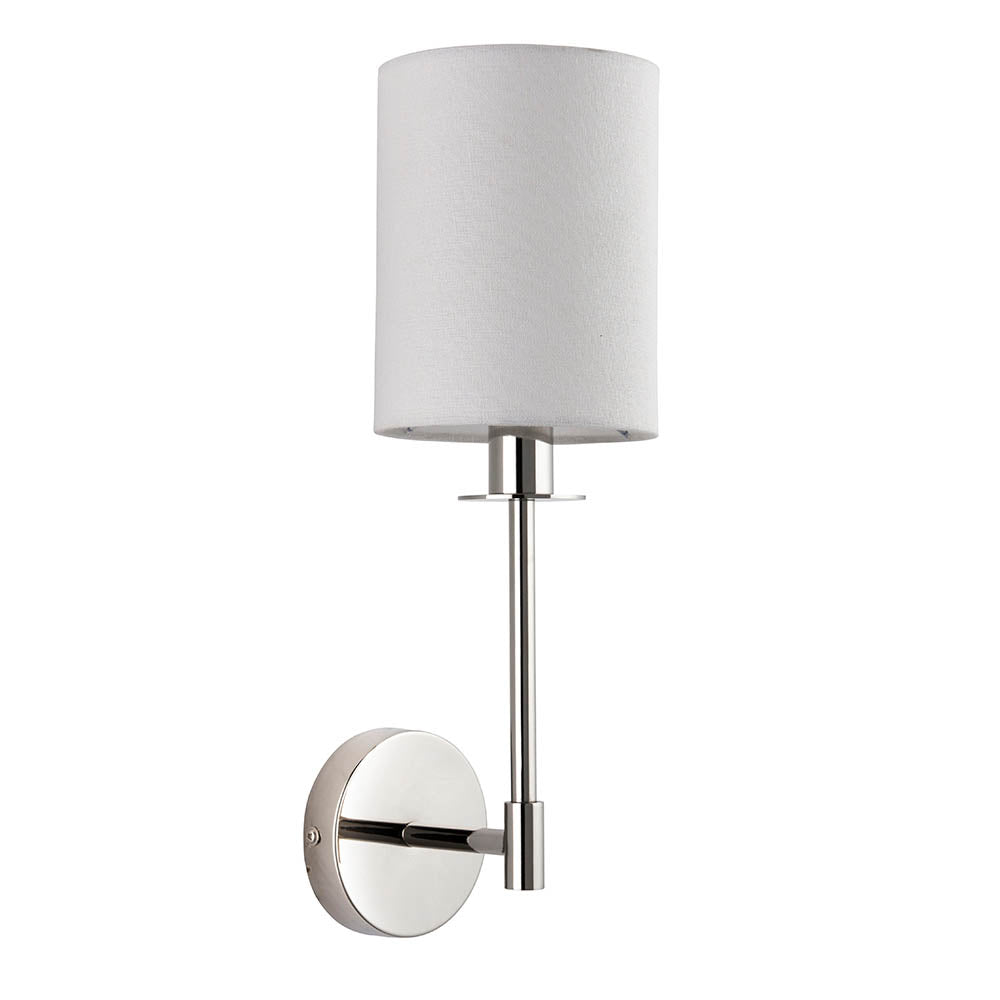 Endon Cliffhurst wall light with a slim polished nickel upright and white cylinder fabric shade, shown against a plain white background.