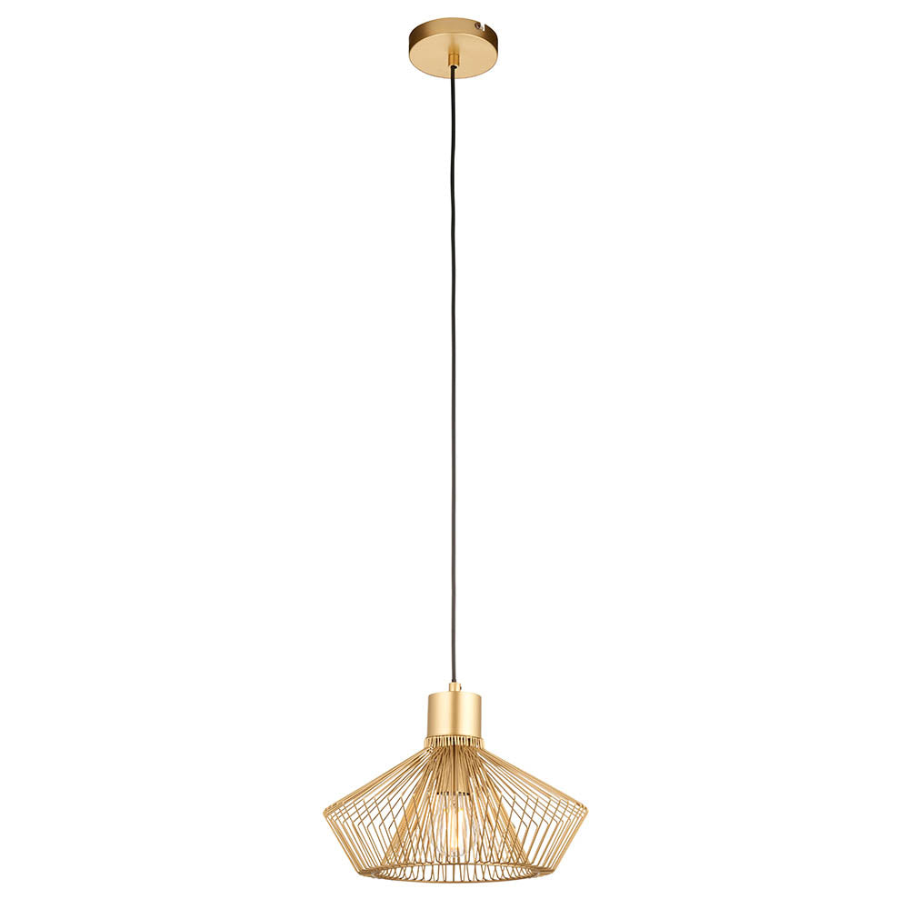 Endon Brockton pendant light in polished gold, with an open geometric metal cage shade, E27 filament bulb and black flex, on a white background.