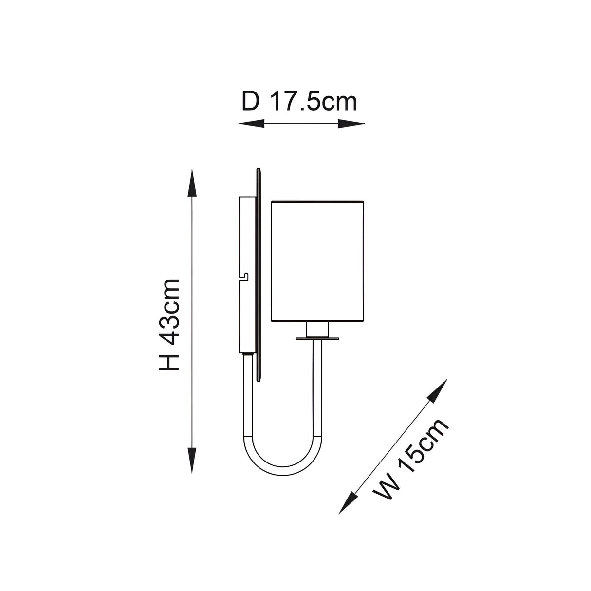 Dimension diagram of the Endon Carlhurst nickel wall light showing 43cm height, 15cm width and 17.5cm projection on a white background.