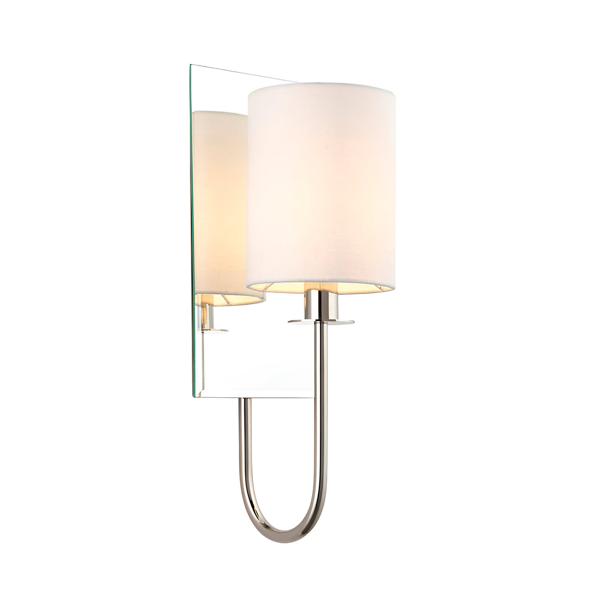 Endon Carlhurst wall light in polished nickel with bevelled mirrored back plate and vintage white fabric cylinder shade on a curved arm.