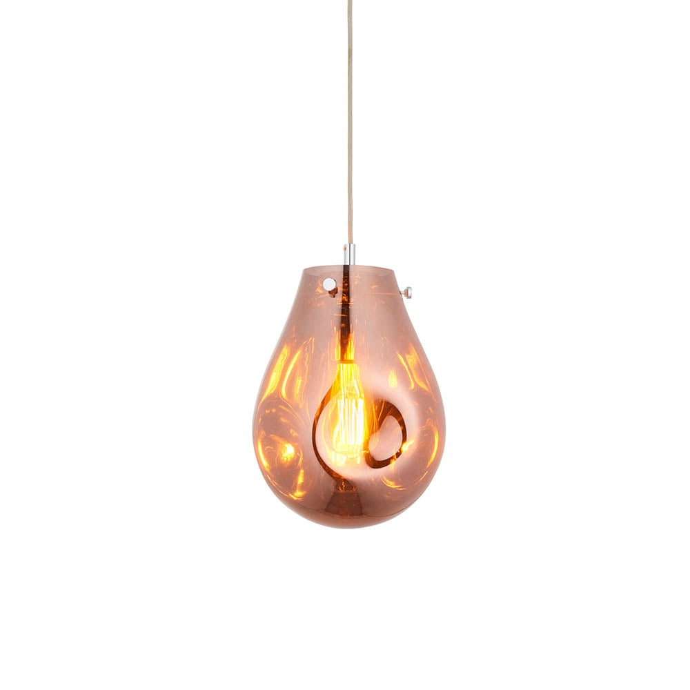 Brackwell Glass Pendant in Copper, a single-light fixture with a fluid teardrop-shaped shade, chrome fittings, and grey fabric cable.