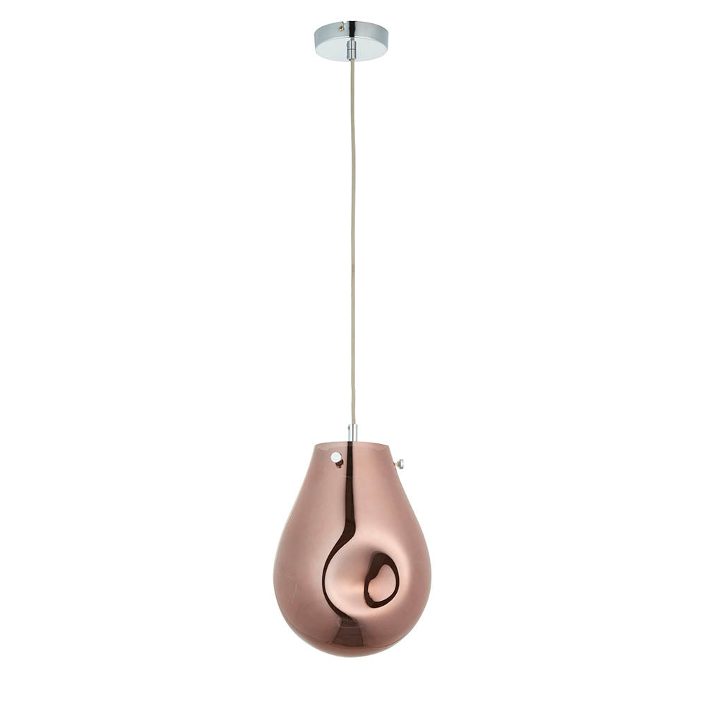 Brackwell Glass Pendant in copper, single-light fitting with a teardrop-shaped molten glass shade, chrome ceiling cup, and grey fabric cable.