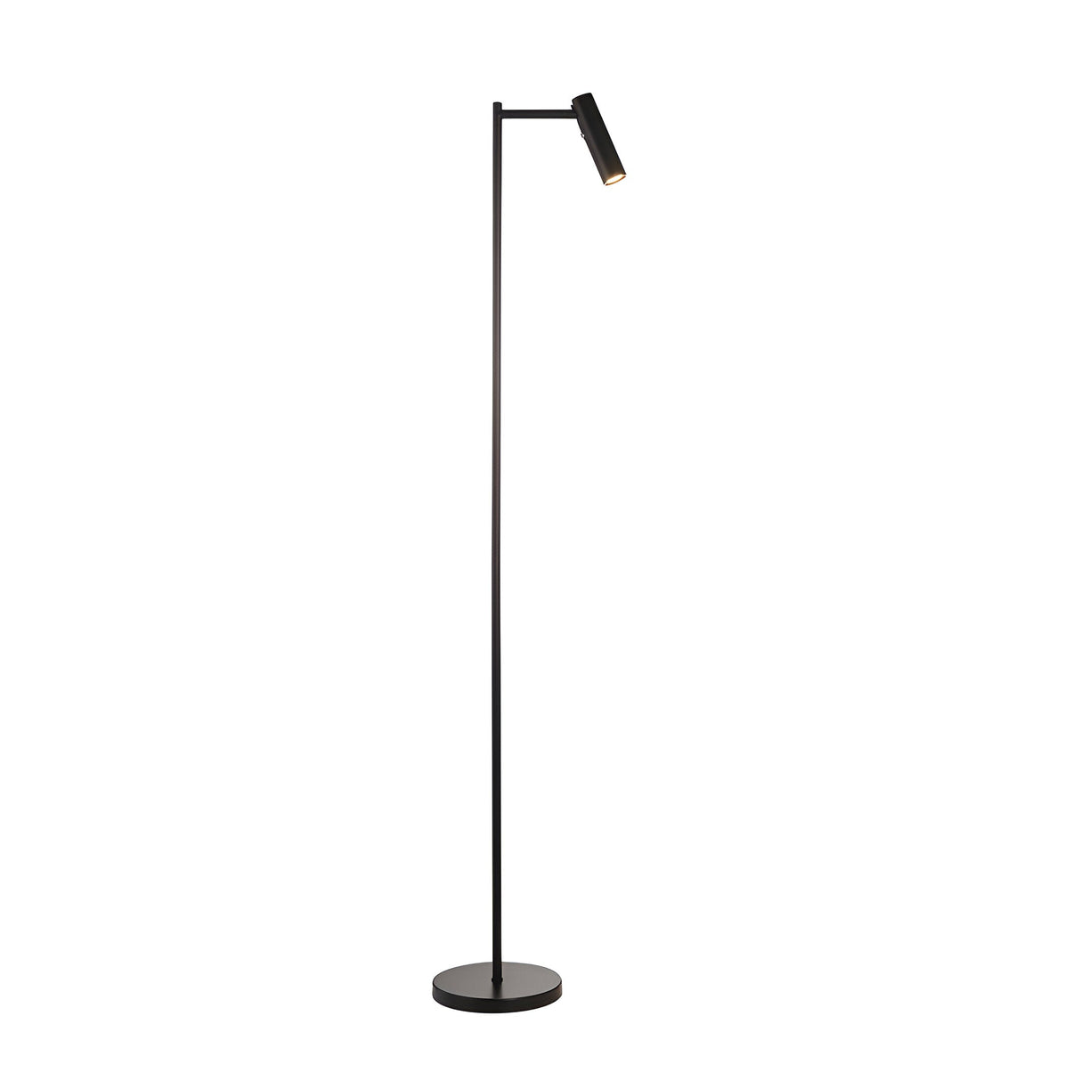 Endon Brackbourne modern floor lamp in matt black with slim stem, adjustable cylindrical LED reader head, and round base on a plain white background.