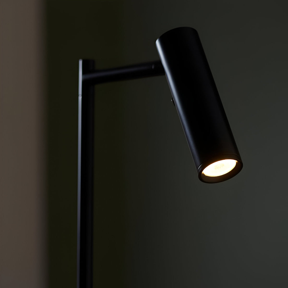 Endon Brackbourne floor lamp with an adjustable matt black cylindrical head illuminated in warm white, mounted on a slim upright stem.